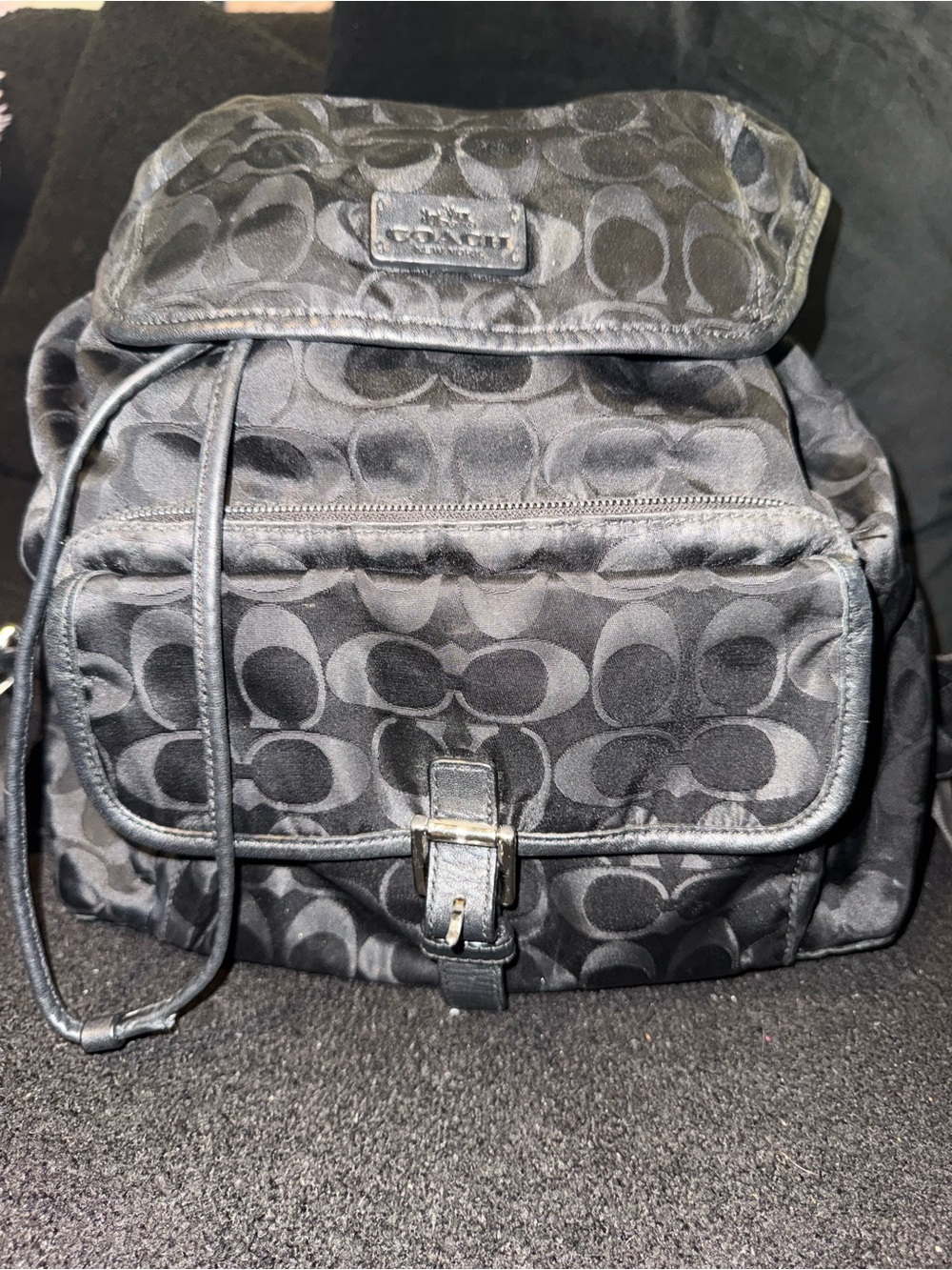 Coach Men's Black Signature Canvas Backpack with Front Flap Pocket
